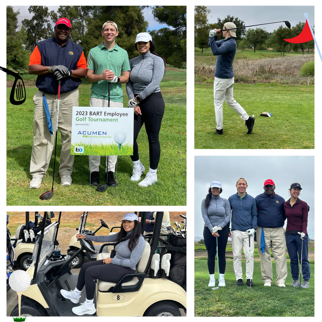 A collage of pictures taken of employee on the golf range.