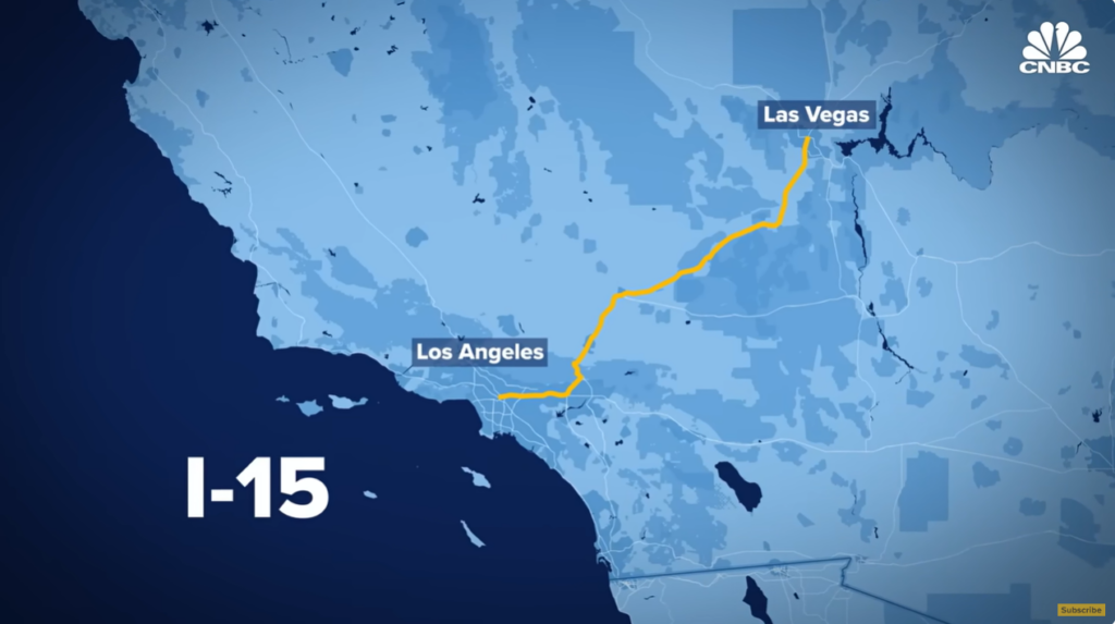 Image of a map with the route from Las Vegas, Nevada to Los Angeles, California highlighted in yellow.